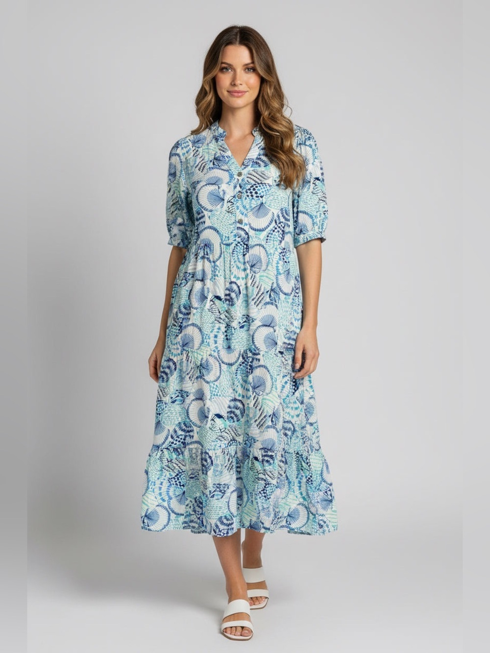 Blue Paisley Midi Shirt Dress with Belt
